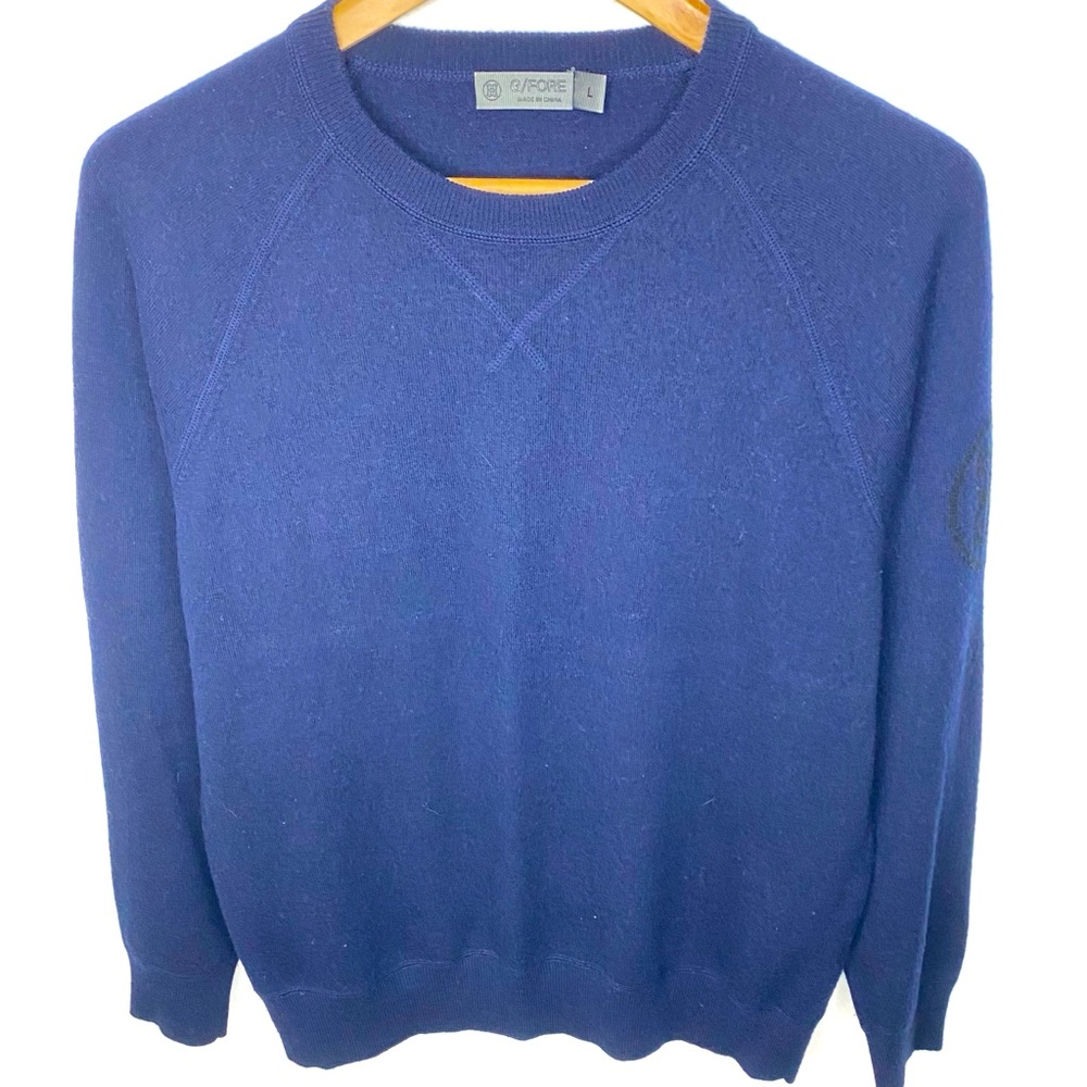 G/FORE Merino Wool Logo Blue Rib Knit Fitted Raglan Crewneck Sweater Size Large